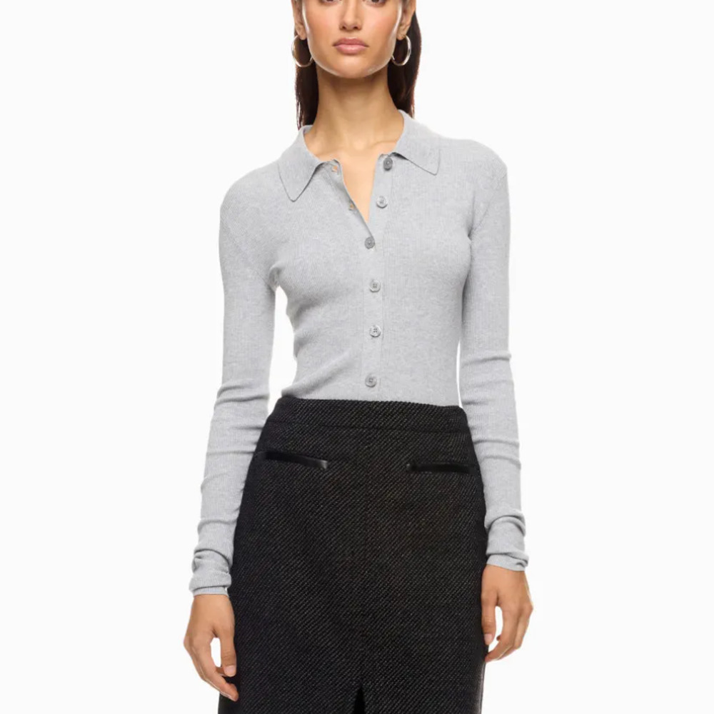Michael Kors Gray Polo Sweater LARGE Fitted Cardigan Preppy Silk Cotton $300